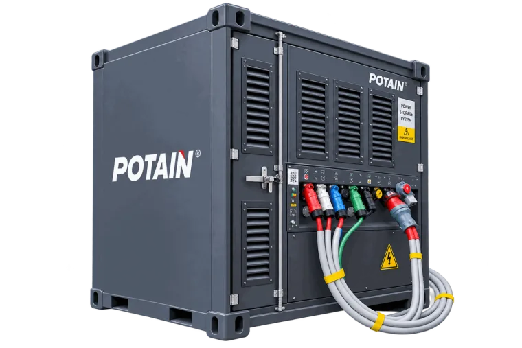 A Potain power storage system unit, with its three-phase connectors and cabling